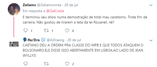 Usuários do Twitter ficaram decepcionados com Gal Costa após protesto da cantora contra Bolsonaro