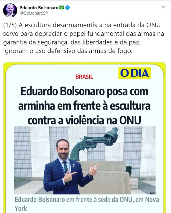 Eduardo Bolsonaro critica postura da ONU sobre questão armamentista