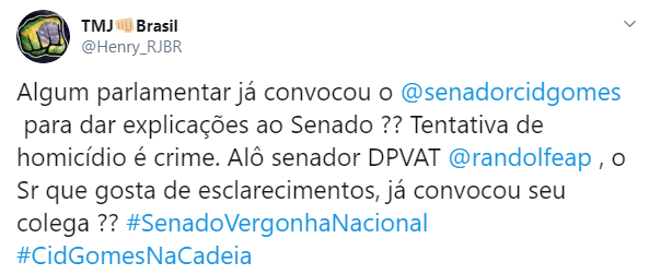 Senador Cid Gomes foi alvo de boletim de ocorrência. Internet pede a prisão do parlamentar